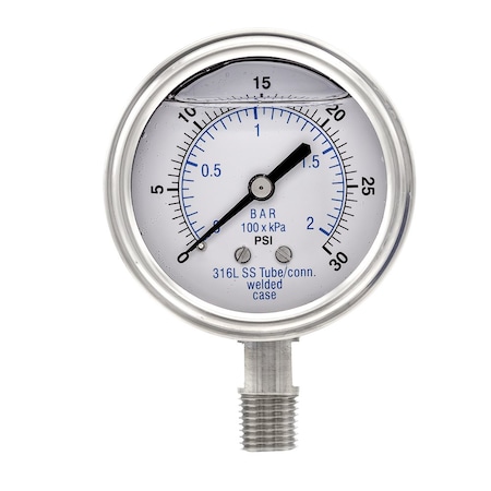 Pic Gauges 2 1/2 in Dial, 1/4 in NPT Male Lower Location, Stainless Steel Case Material PRO-301L-254C-01